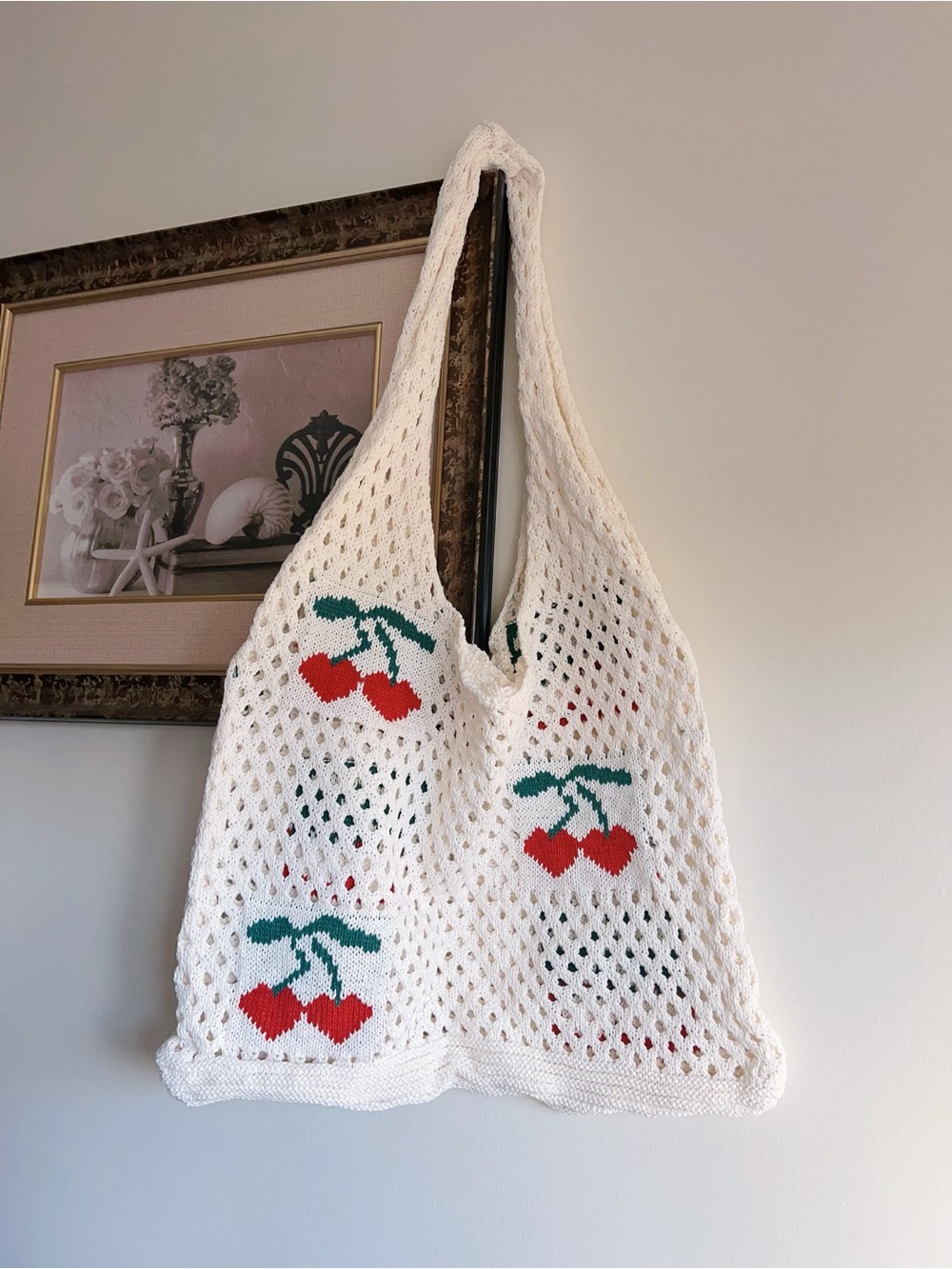 Handmade Cherry Knit Bag | Cream Crochet Shoulder Bag | Cute Summer Hobo Bag